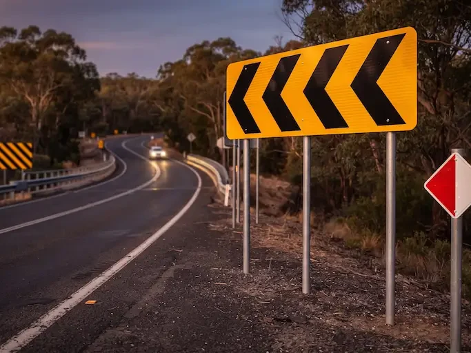Civil road infrastructure with retroreflective regulatory speed limit and directional signage