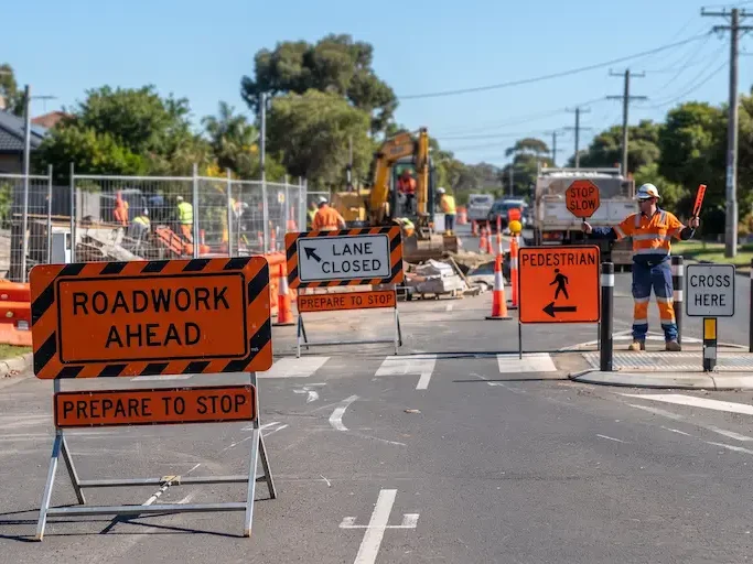 Temporary roadwork ahead and speed reduction traffic control signs positioned on a road shoulder