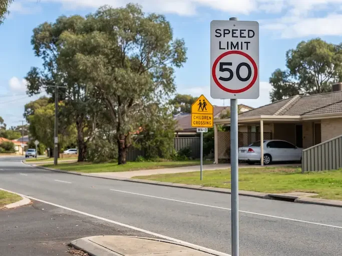 Civil road infrastructure with retroreflective regulatory speed limit and directional civil safety signs
